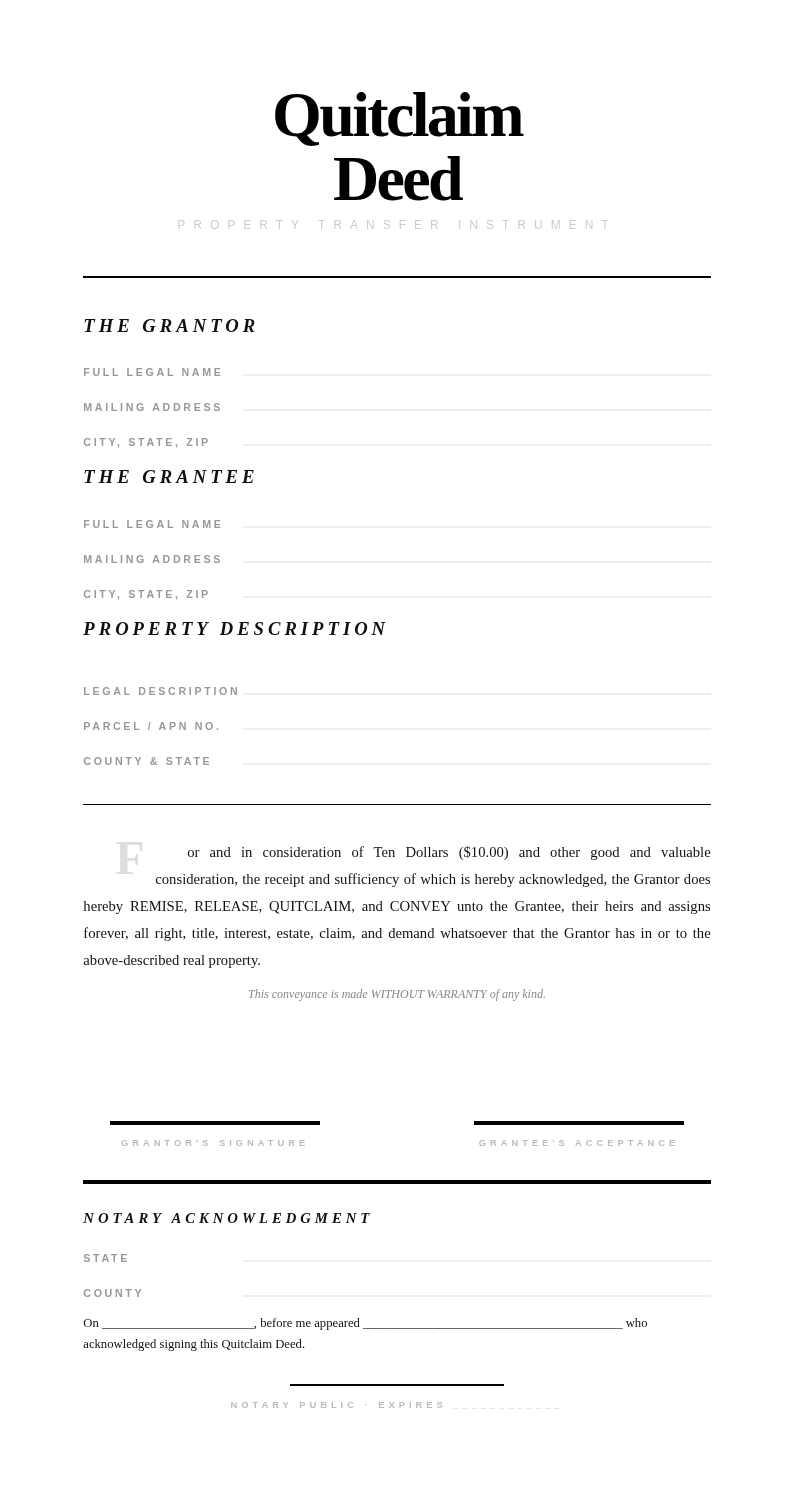Typographic focused quitclaim deed